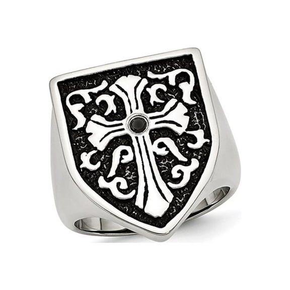 Gem & Harmony Mens Cross Antiqued Shield Stainless Steel Ring with Black Diamond for Men