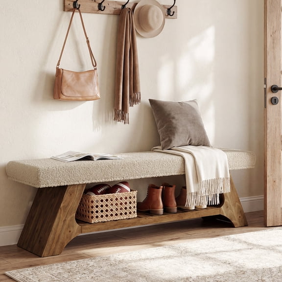 Finmind 2-Tier Solid Wood Bench with Shoe Storage, 55 inch Upholstered Entryway Bench Farmhouse Entryway Seating for Living Room,Hallway,Natural