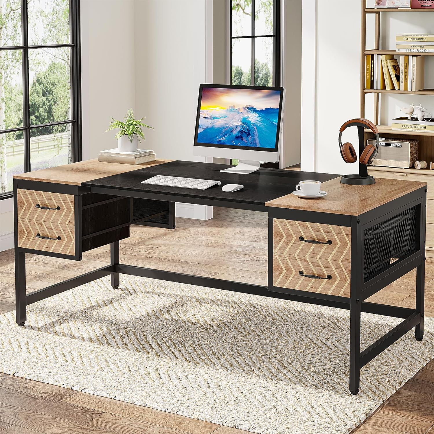 PurelyGoods  Computer Executive Desk with Drawers: 63" Computer Desk with 4 Storage Drawers, Wood Farmhouse Study Writing Table, Herringbone Business Furniture for Home Office
