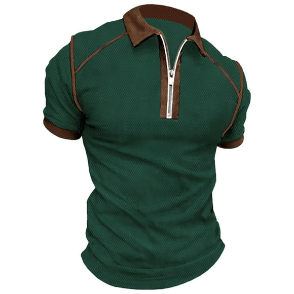 yocbz Men Polo Shirt Men's Muscle Turn Down Collar Shirts Slim Fit Short Sleeve Color Block Cotton Golf Zipper T Shirts Soft Tees Green,XXXL