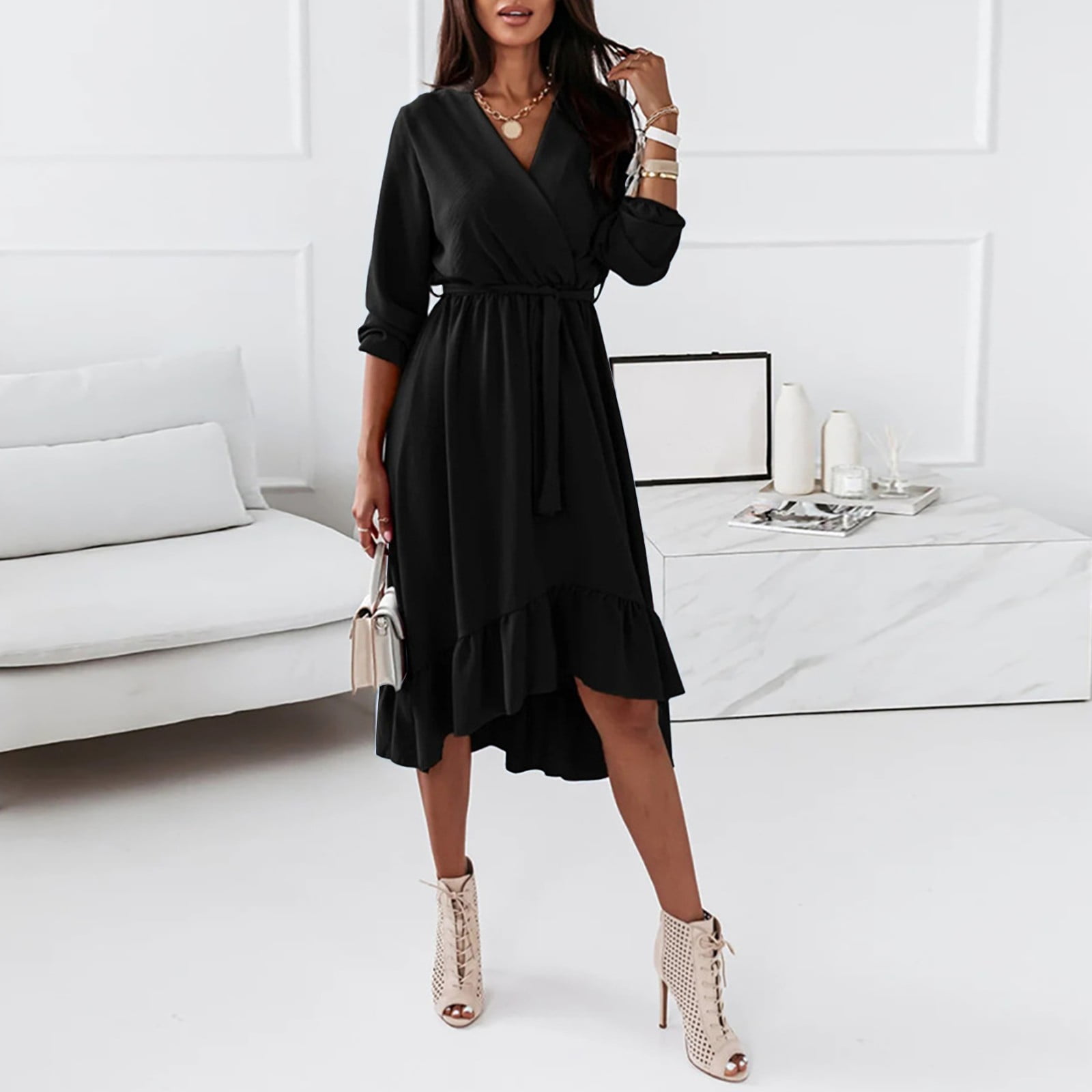 Dyfzdhu Dresses For Women Long Sleeve Dresses Wrap V Neck Ruffle Midi ...