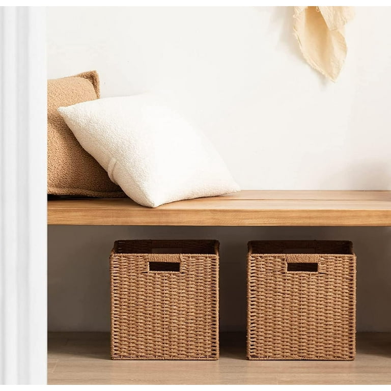 HBlife Wicker Baskets 2 Pack Hand Woven Paper Rope Storage Baskets Foldable Cubby Storage Bins Large Wicker Storage Basket for Shelves Pantry