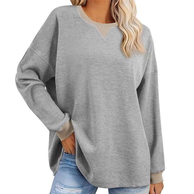 Pisexur Chandails en Molleton Oversize pour Femmes 2024 Color Block Col Rond Manches Longues Hauts en Maille Gaufrée Pull Jumper Tenues