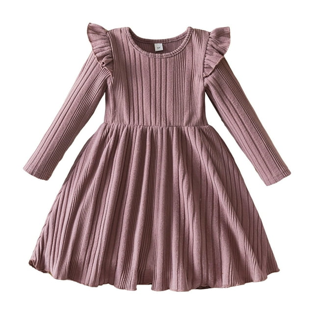 Hfolob Girls Dresses Toddler Children Long Sleeve Ribbed Pattern Knitting Dresses Leisure Dress Clothes
