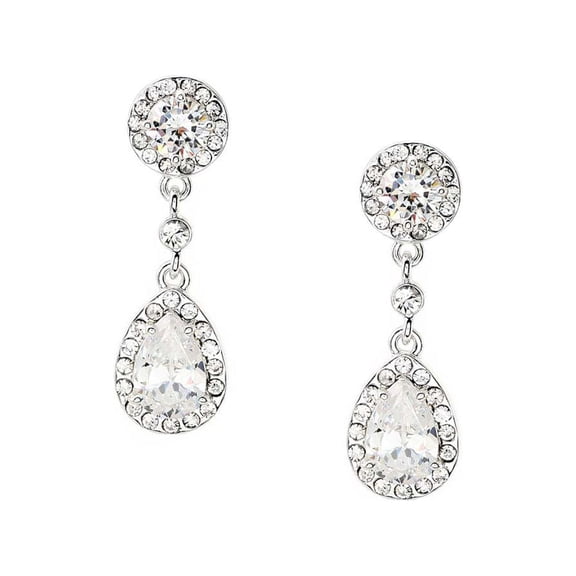 Silver Crystal Cubic Zirconia Teardrop Shaped Dangle Earrings