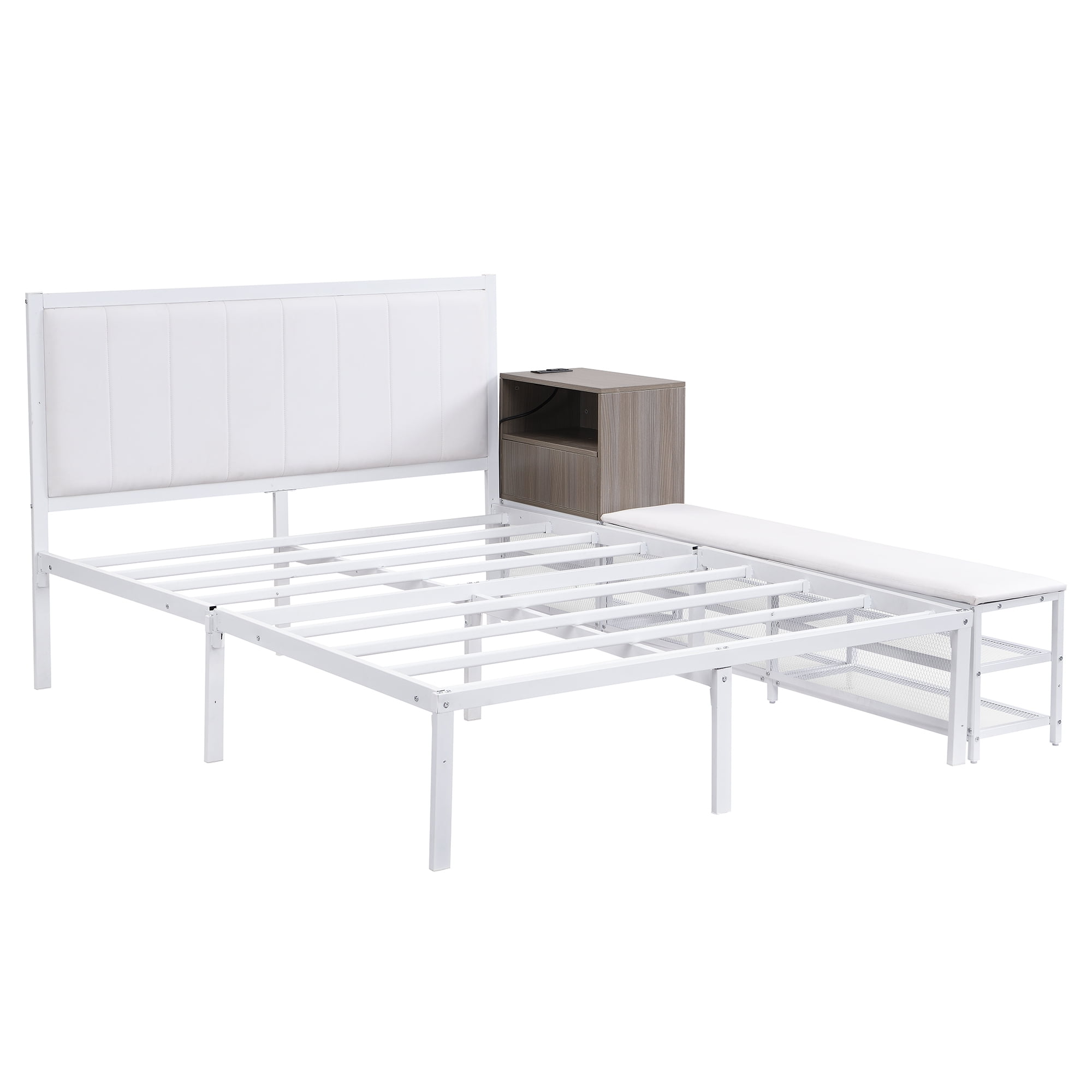 Euroco Metal Full Size Platform Bed with Two-Tier Storage Shelves, Wooden Storage Cabinet for Kids Teens, White