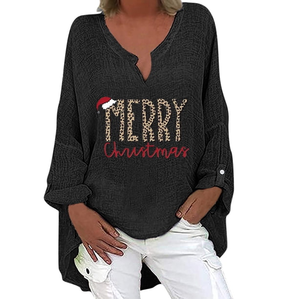 Tops Para Mujer Tops Con Estampado Navideño Manga Larga Hombro Algodón Lino Cuello en V Blusa Túnica Suelta Odeerbi ODB183933