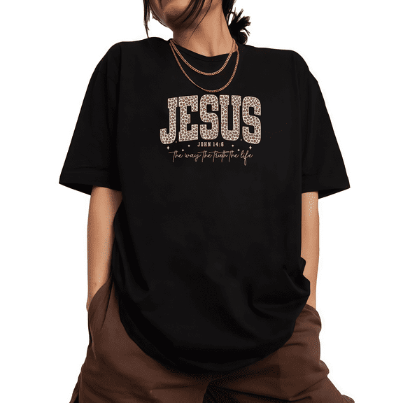 Black Print Tshirt Cotton Graphic Tees Shirts Modern Leopard Print JESUS the way the truth the life John 14:6 Christian Design Youth Fashion Faith Social Wear S-5XL Plain Tops