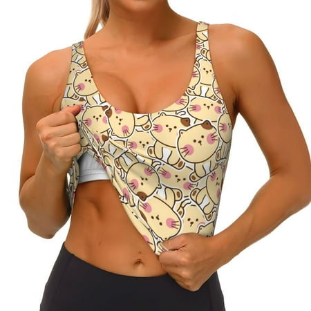 Qokaie Cute Cats 4 Pattern Womens Scoop Neck Sports Bra Breathable Workout Vest Padded U Back Medium Impact Fitness Gym Yoga Bra Workout Crop Top