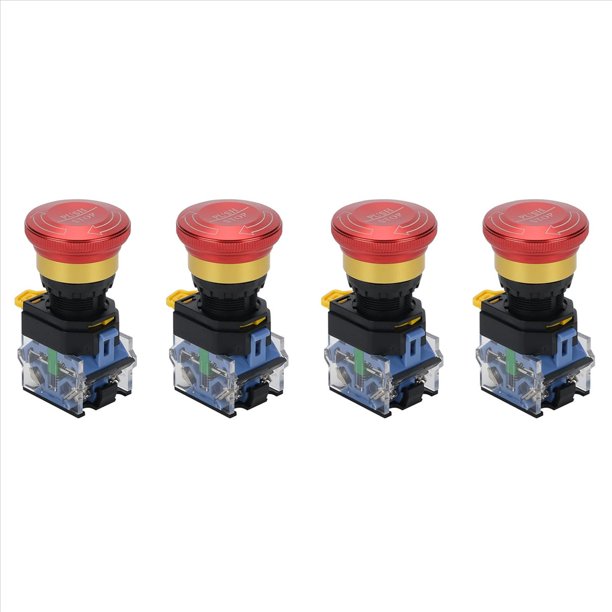 4X Botón de Parada de Emergencia, Interruptor Pulsador con Enclavamiento de 10 A y 22 mm, Interruptor de Parada de Emergencia Redondo de Aleación de Aluminio, 1 NO 1 NC 440 V