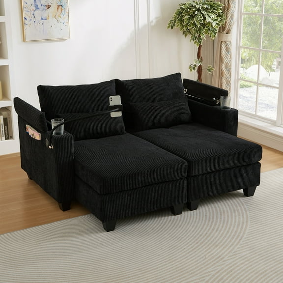 63" Corduroy Convertible Chaise Lounge Loveseat with Storage, USB Ports & Lumbar Pillows,Black