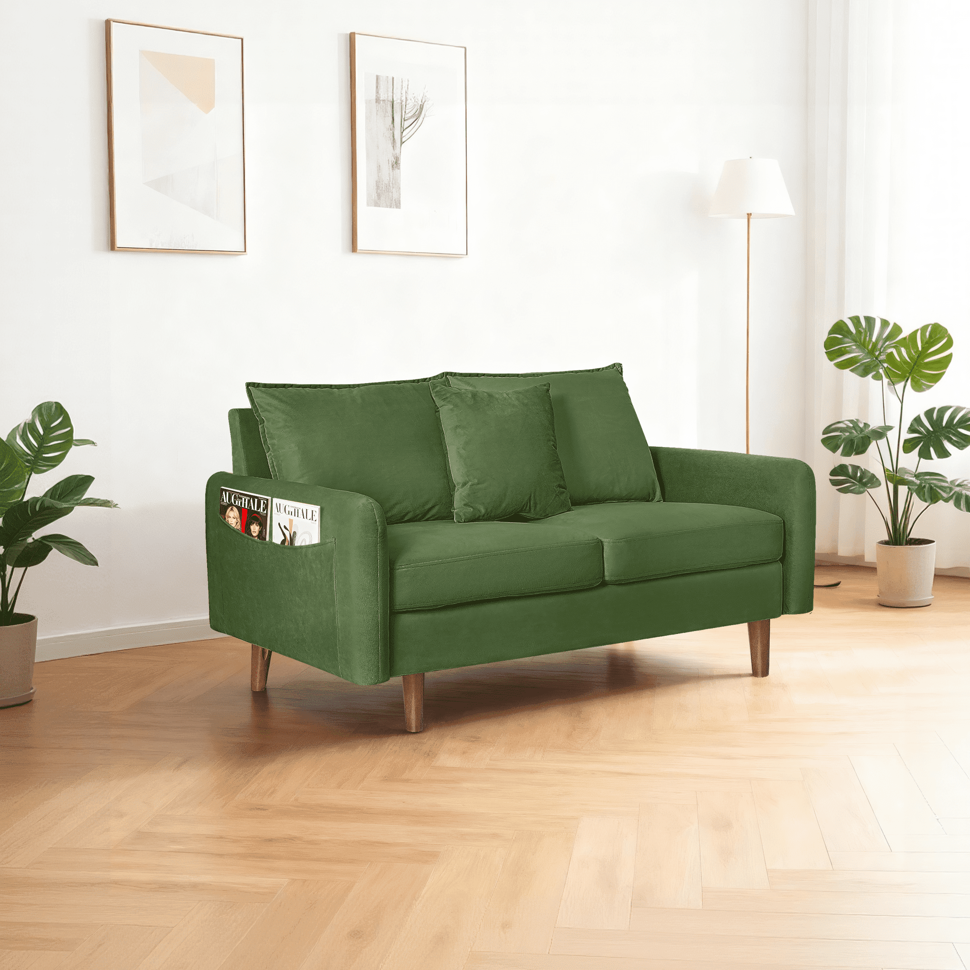56" Mid-Century Velvet Round Arm Loveseat with Storage Pockets & Pillow