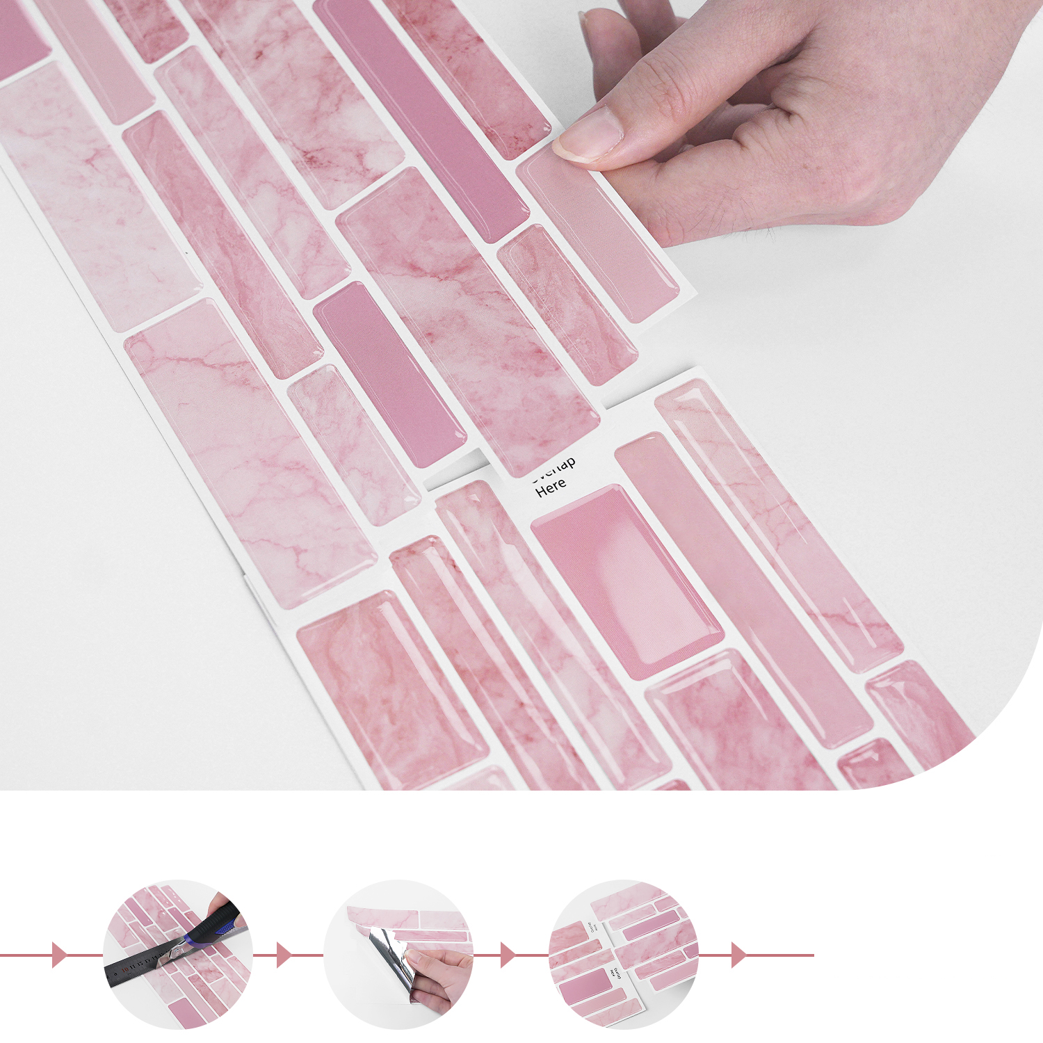 12Piece Pink Marbling 3D Tiles Stickers 4.72 x 9.68inch DIY Decor Wall Decals Self Adhesive Waterproof Peel and Stick Kitchen Backsplash