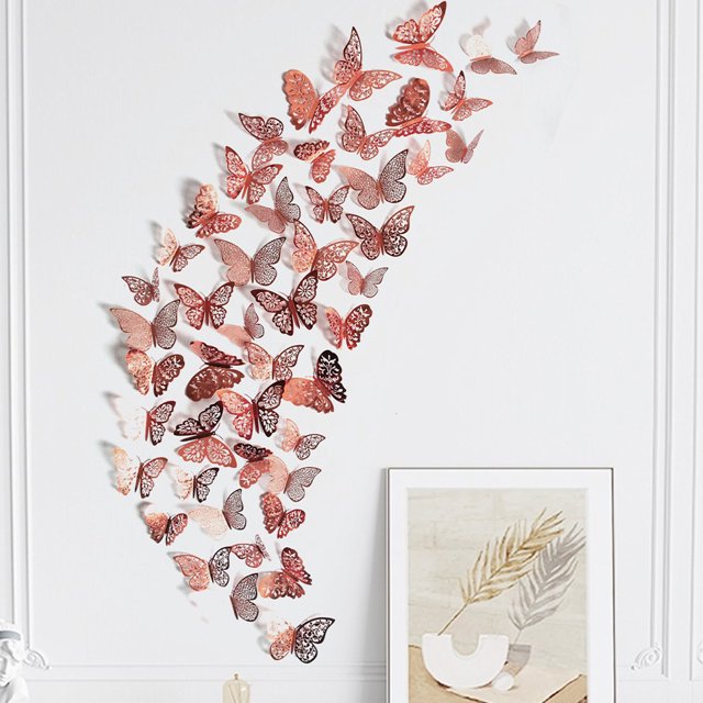 48pcs Hollow Paper Wall Sticker, Boho Silvery & Golden Color Butterfly Design Creative Self Adhesive 3D Butterfly Wall Decor