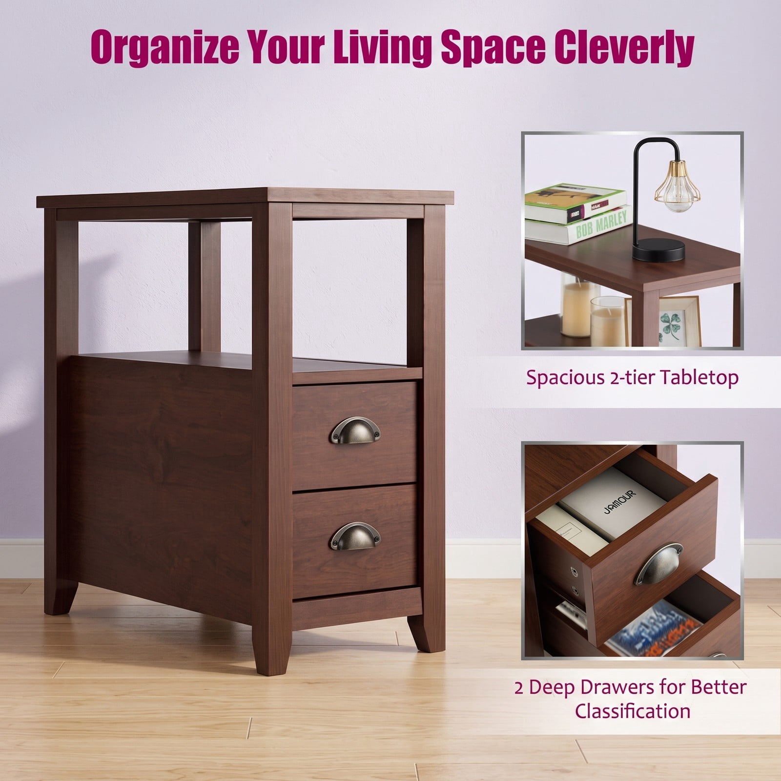 Furnibear Set of 2 Narrow Nightstands with 2 Drawers and Open Shelf Wooden Bedside End Tables for the Bedroom Set, Brown