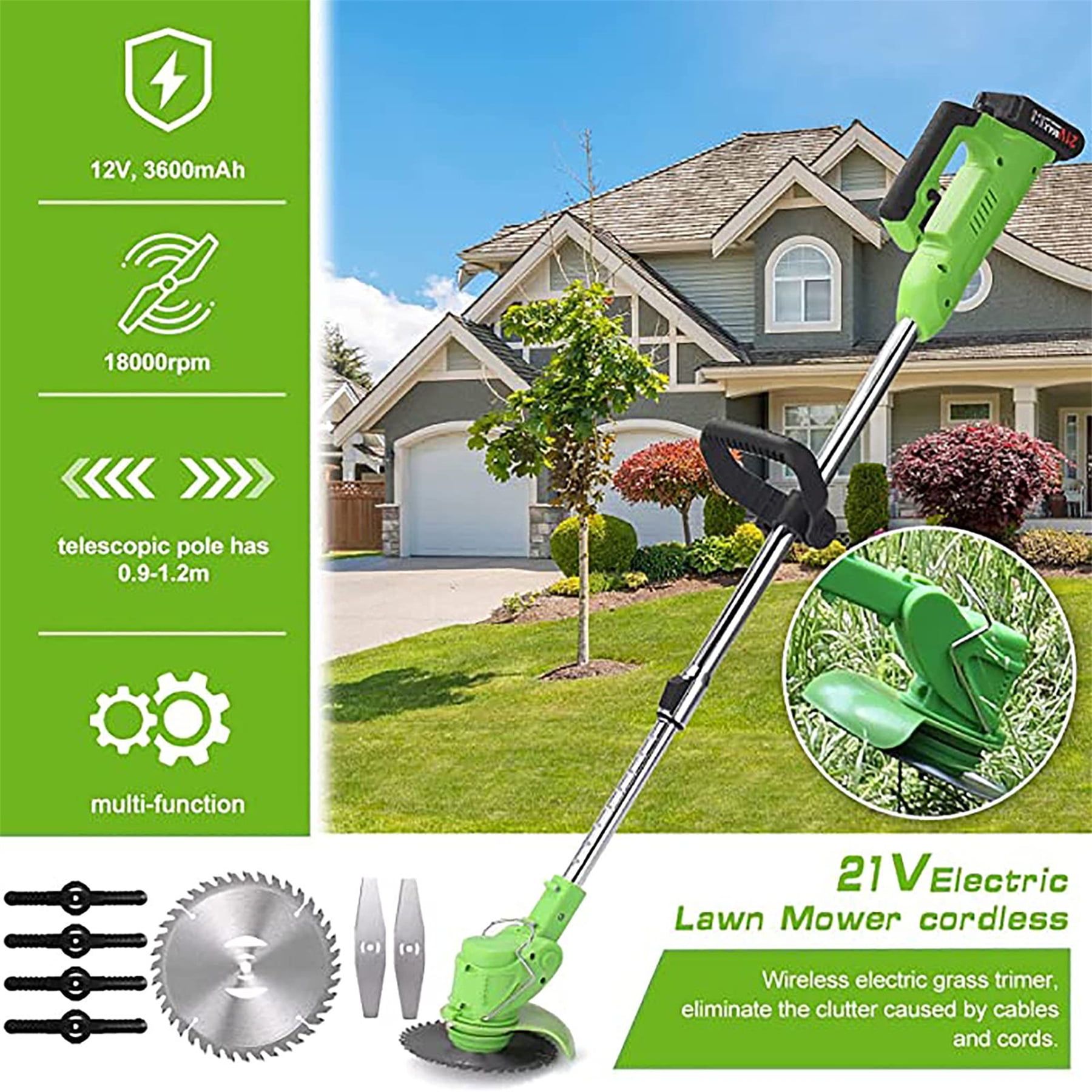 Bikkii 13” 600W 24V Battery Powered Push Lawn Mower, Telescopic Handle, 2 Lithium-Ion Batteries