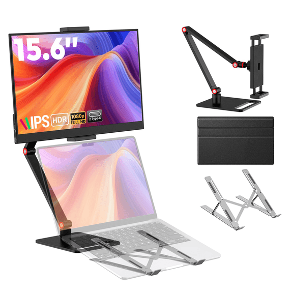 15.6" Portable Monitor for Laptop,FHD 1080P IPS USB-C & Mini HDMI Travel Monitor with Adjustable Stand &Laptop Stand,Smart Cover,External Second Screen for PC/Mac/Game