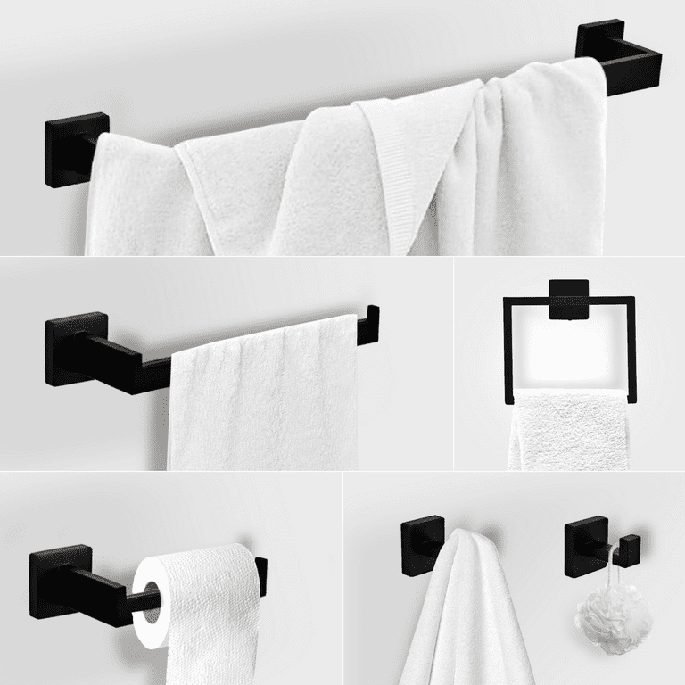 6 Piece Wall Mount Stainless Steel Bathroom Towel Rack Set in Matte Black