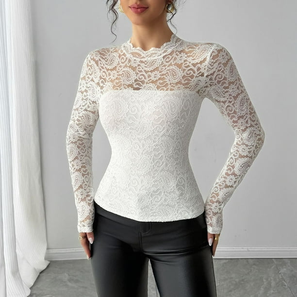 Heisall Womens Tops Long Sleeve Pullover Lace Back Zipper Slimming Versatile Base Layer Shirt for Autumn Winter Layering Round Neck Casual Blouse