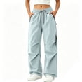 thumbnail image 2 of CLOISE Women's Cargo Pants with Pockets Drawstring Waterproof Mid Waist Straight Leg Long Pants Elastic Waist Solid Baggy Vacation Outfits Light Blue XL, 2 of 5