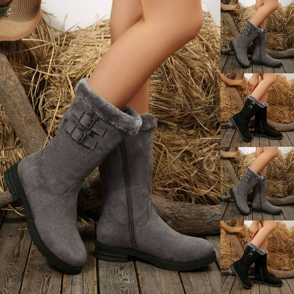 Lovzfmll Wide Calf Boots for Women, Faux Fur Lined Mid Calf Snow Round Toe Side Zipper, Chunky Low Heel Round Toe Buckle Snow Chunky Boots Warm Gray Boots