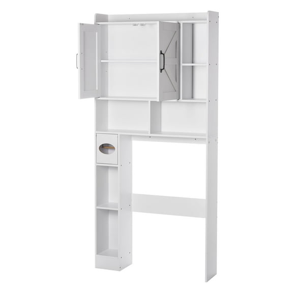 KFFKFF Over-The-Toilet Storage Cabinet, 66.14-Inch Tall Bathroom Organizer with Adjustable Shelf and Double Doors, Space-Saving Bathroom Storage Unit with Open Shelf, White