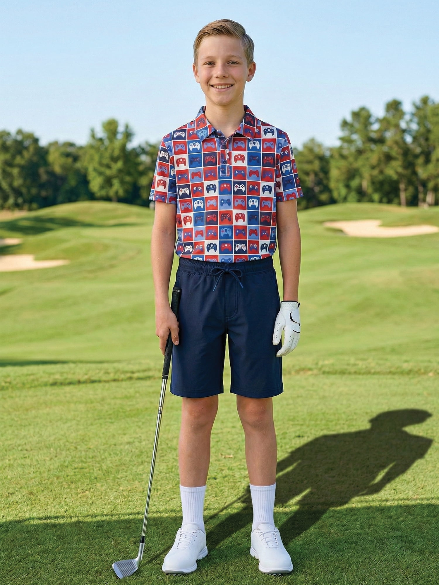 Birdie Bound Boys Performance Gamer Grid Golf Polo Shirt, Sizes XS-XL