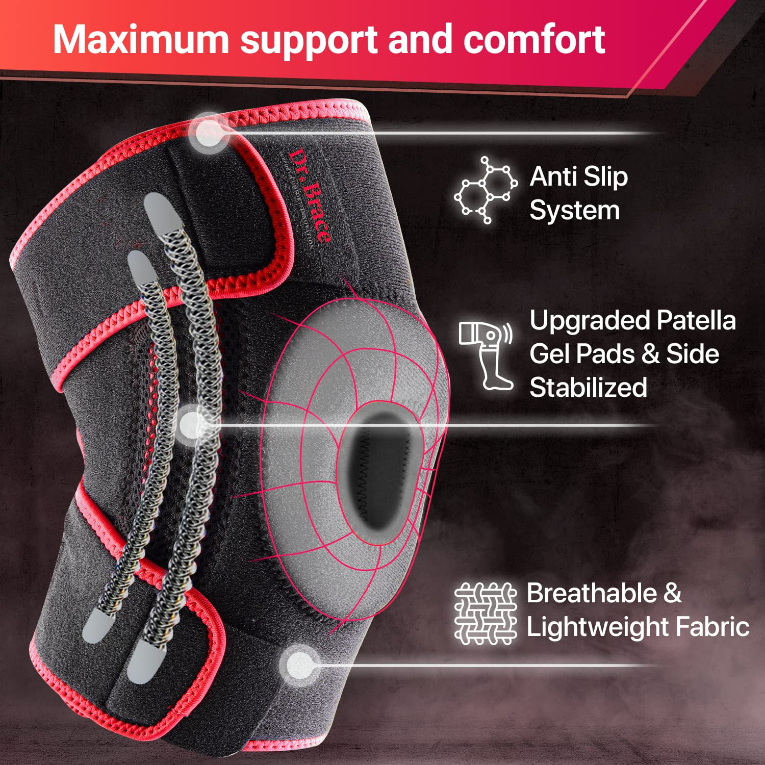 DR. BRACE Compression Knee Brace with Side Stabilizers & Patella Gel Pads, Knee Support for Knee Pain, Running & Sports, Men & Women (Sunrise, Large)