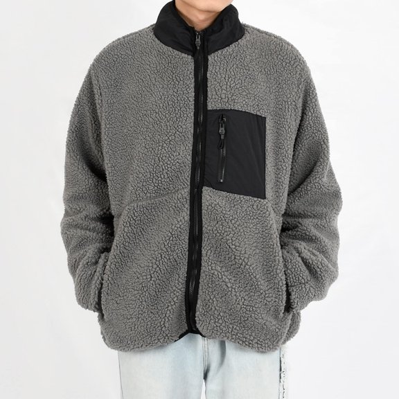 Lilgiuy Men's Lamb Fleece Coat Casual Solid Color Long Sleeve Warm Hoodless Zipper Coats Streetwear Loose Jackets Gray