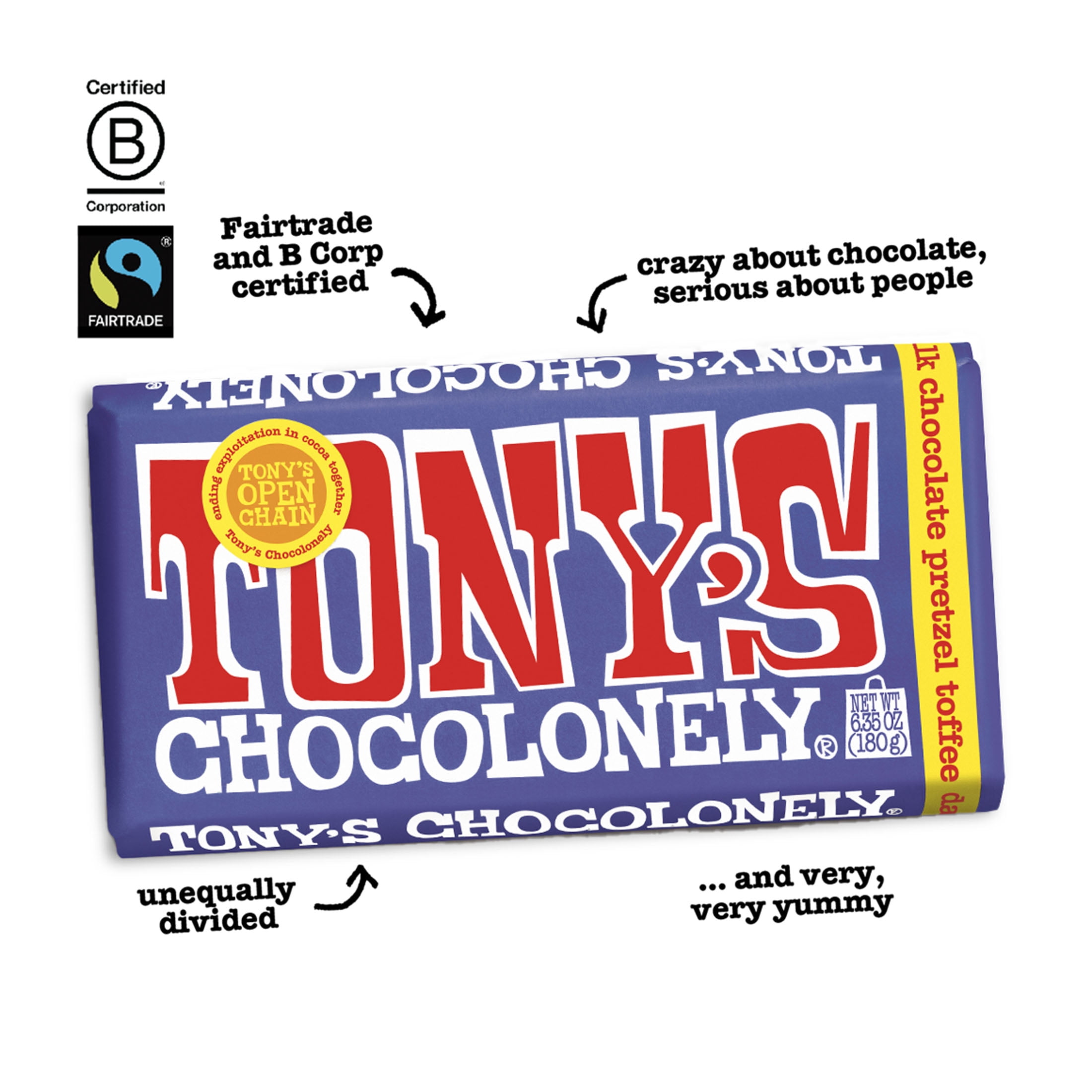 Tony's Chocolonely Dark Milk Chocolate Bar with Pretzel and Toffee, 6.35 oz