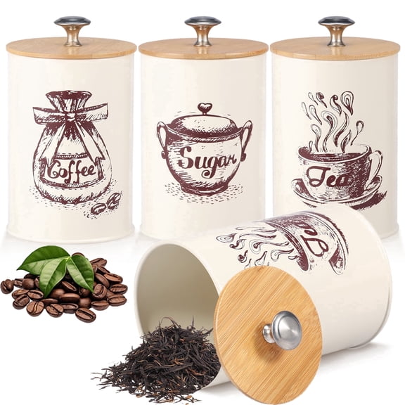Coffee Sugar Tea Canister Set, Vintage Metal Kitchen Countertop Containers with Airtight Bamboo Lids, 3 Piece Food Storage Jars, 25 oz, Beige