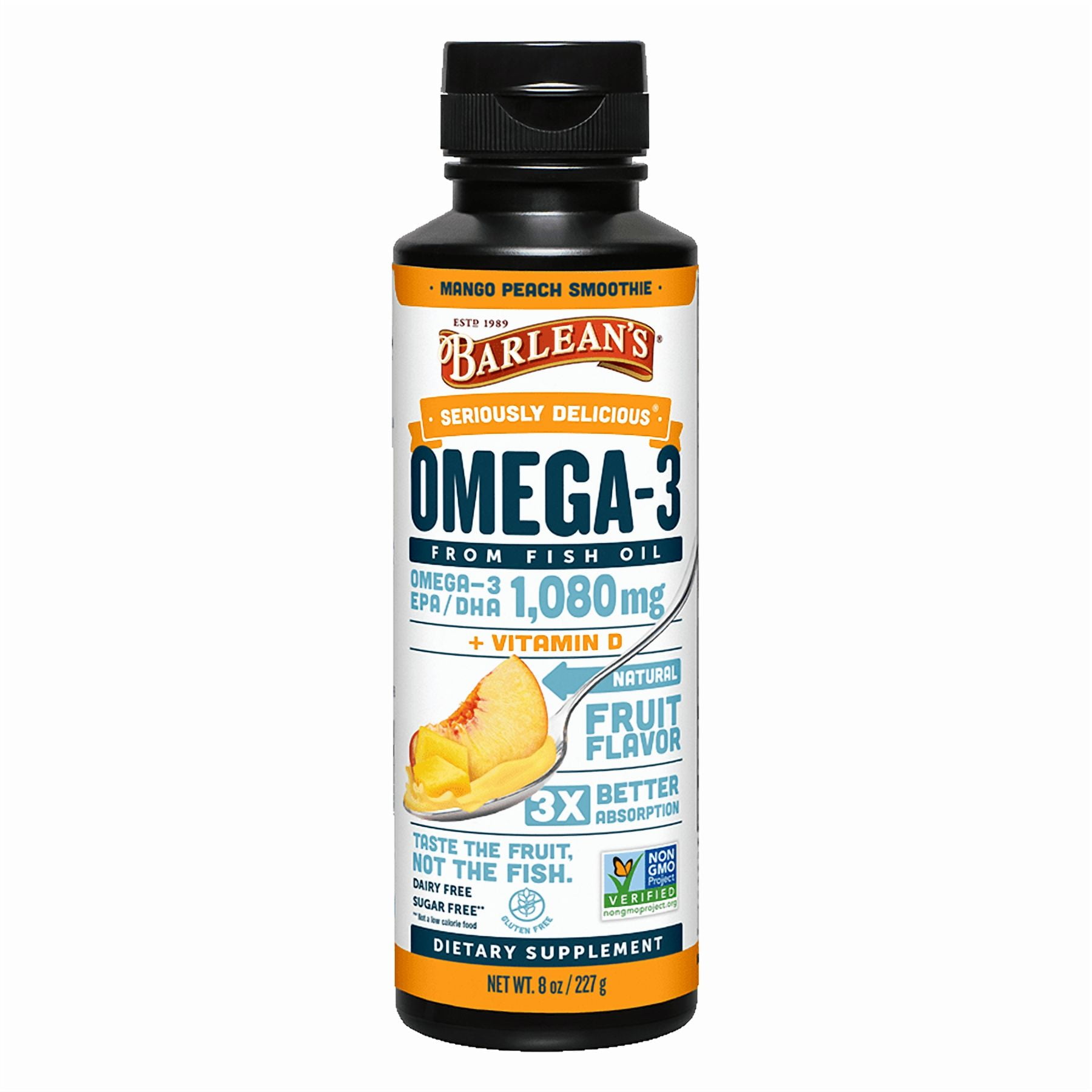 Barlean's Seriously Delicious Omega-3 Fish Oil Liquid Supplement, Mango Peach Smoothie Flavor, 8 oz – EPA & DHA, Non-GMO, Dairy Free, Gluten Free, Sugar Free