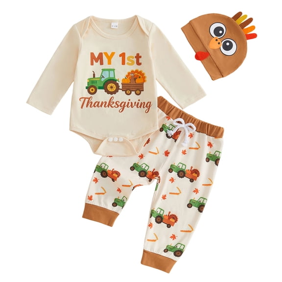 Ulanda Thanksgiving Baby Girl Boy Outfits Turkey Romper Pants Set Hat 3pcs Newborn Infant Baby Girl Boy Clothes Set (Khaki, 6-9 Months)