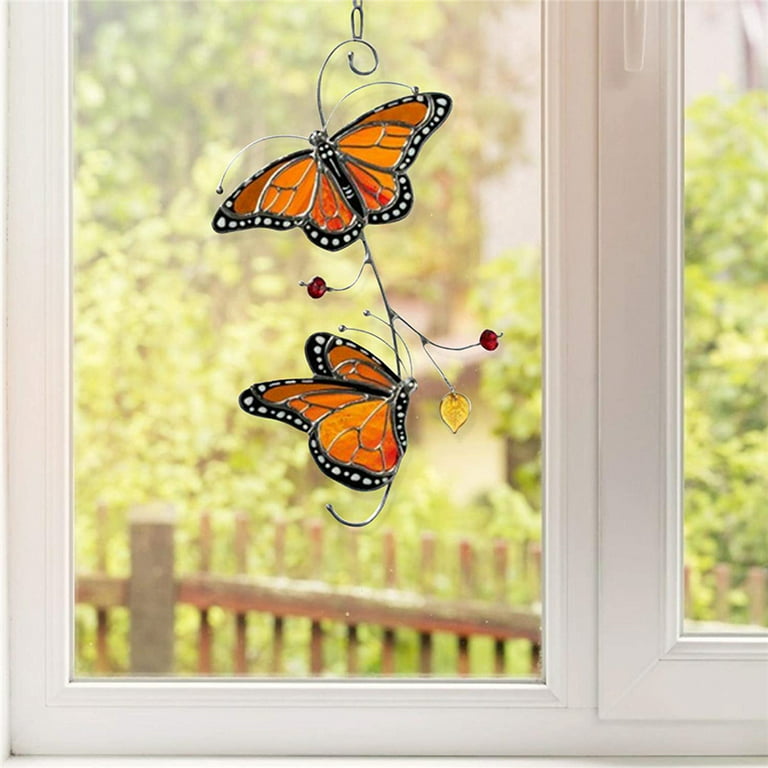 Metal Monarch Butterfly Stained Glass Window Hangings Stained Monarch Butterfly Exquisite Metal Monarch Butterfly Window Decoration, Size: 18, Orange