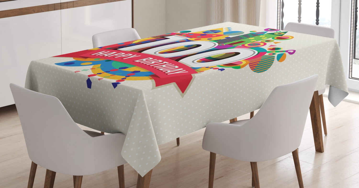 100th Birthday Decorations Tablecloth, Geometrical Digital Print with