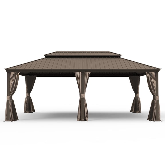 14' X 24' Hardtop Gazebo, Upgraded Metal Gazebo with Drainage System, Dual-Layer Galvanized Steel Roof, Curtain and Netting, Outdoor Shelter Canopy for Patio, Garden, and Backyard, Brown