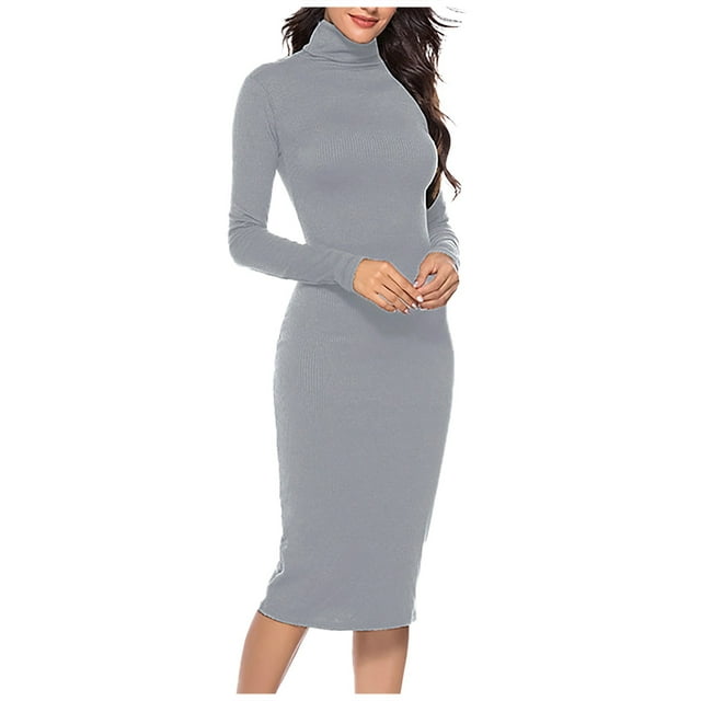 Kcodviy Robe Maxi Décontractée pour Femme à Col Roulé en Tricot Côtelé, Manches Longues, Coupe Ajustée, Robe Midi à Col en V, Robe Chandail