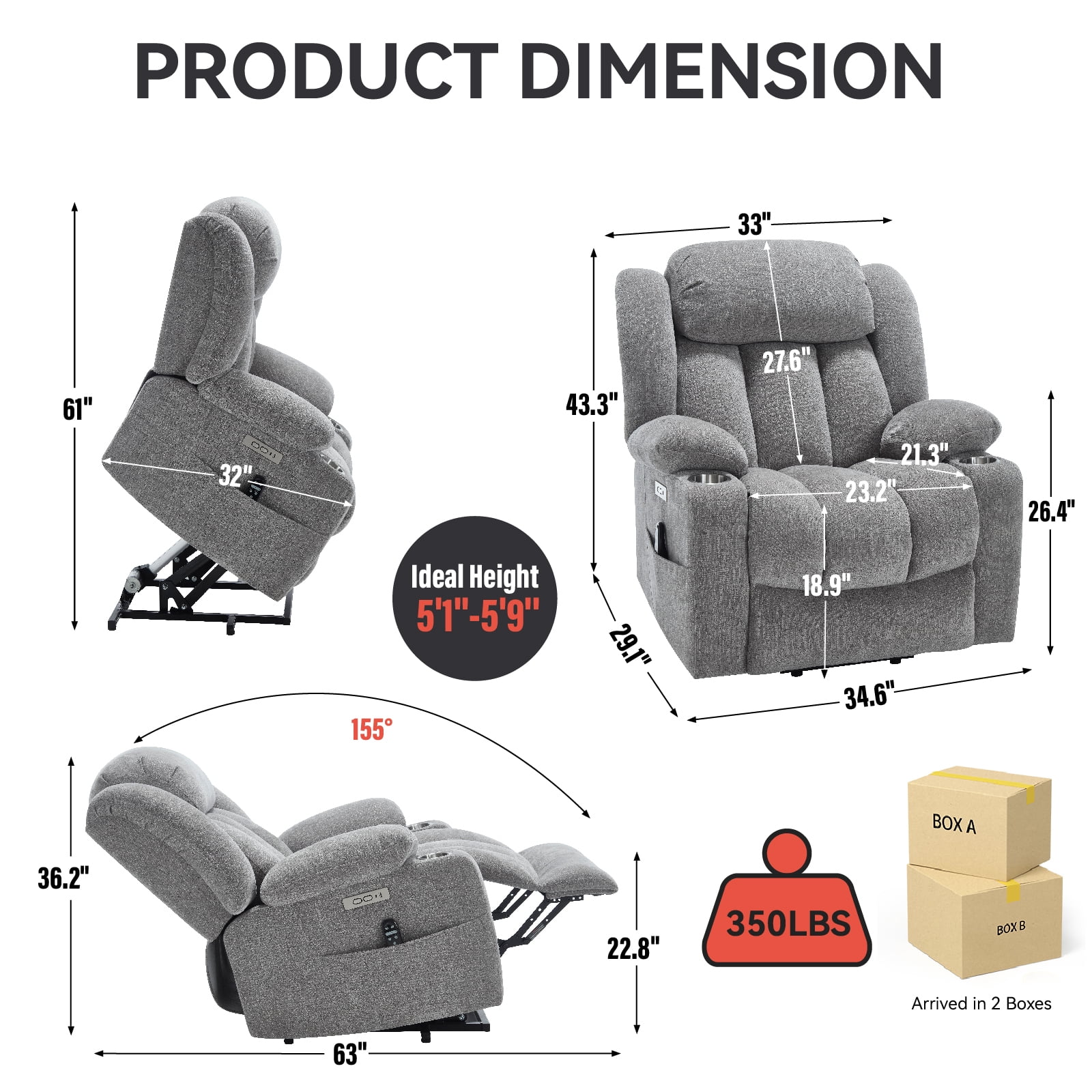 Alvantor Large Power Lift Recliner Chair for Elderly with Massage and Heat Chenille Electric Recliners Chair with USB Ports & Cup Holders for Living Room Grey