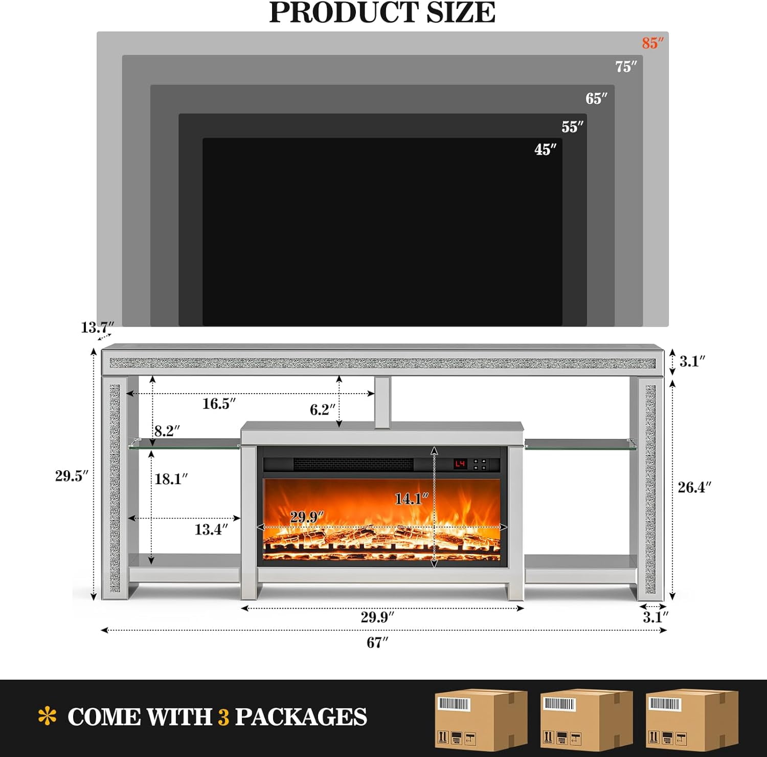 ARICOEASY Mirrored Fireplace TV Stand for 75+ inch TVs, Mirrored TV Stand with Crushed Diamond & LED Light, Silver Entertainment Center with Fireplace & Adjustable Shelves for Living Room