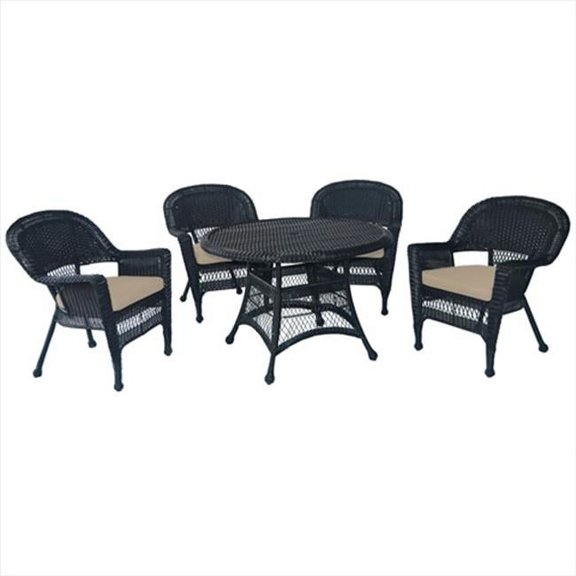 5 Piece Black Wicker Dining Set - Blue Cushions