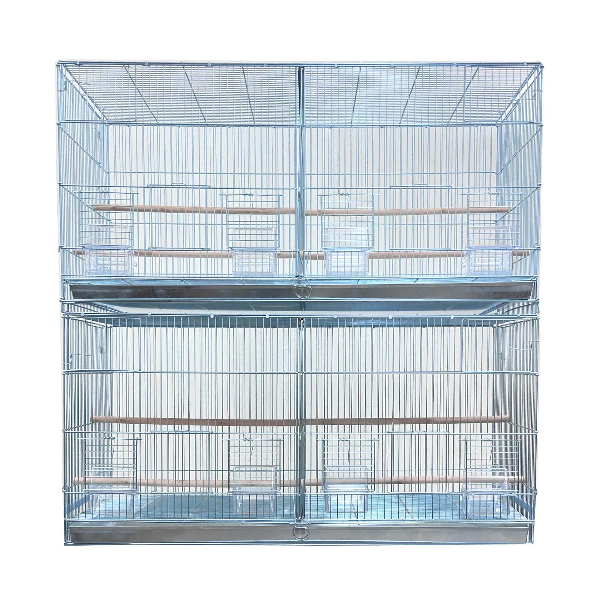 Extra Large 35.5"x18"x19"H Stackable Galvanized Zinc Plated Bird Cage Set with Wooden Stand Perches & Spring Lock Feeder Doors (2 Pack)