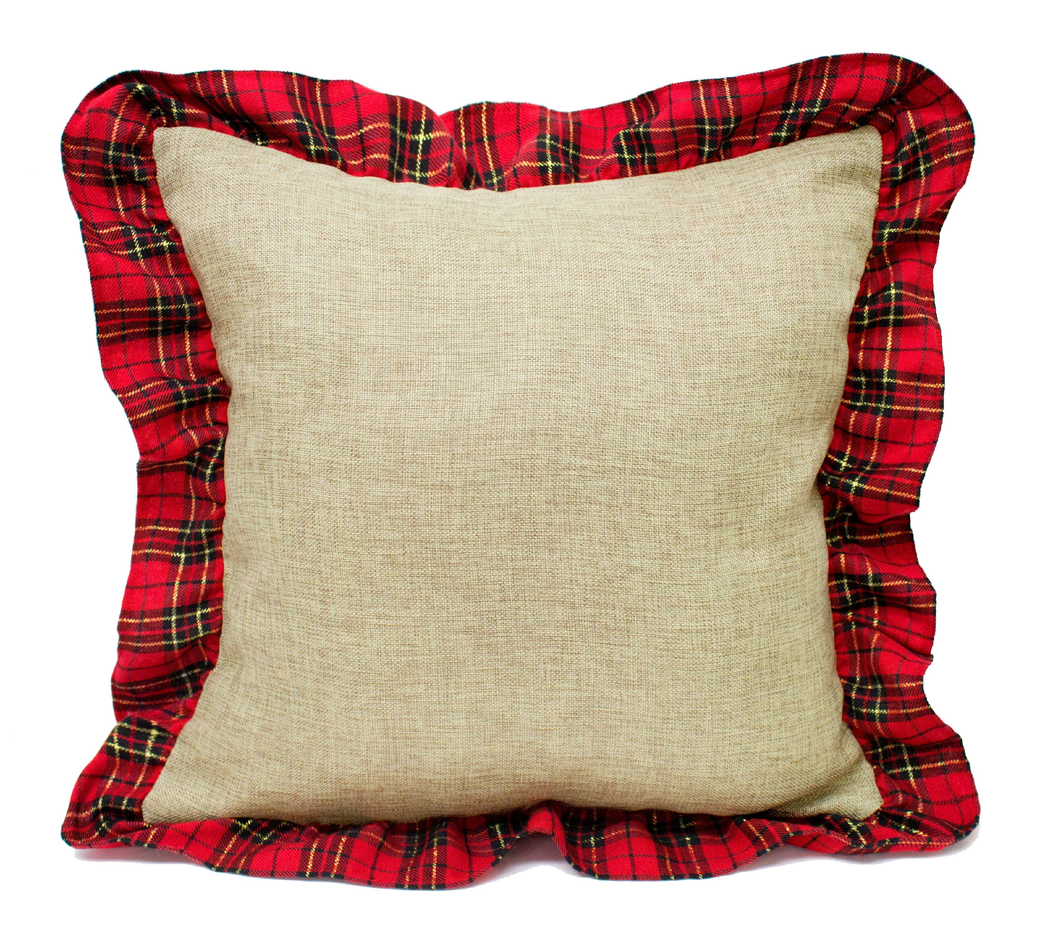 17" Beige and Red Plaid Ruffle Border Throw Pillow