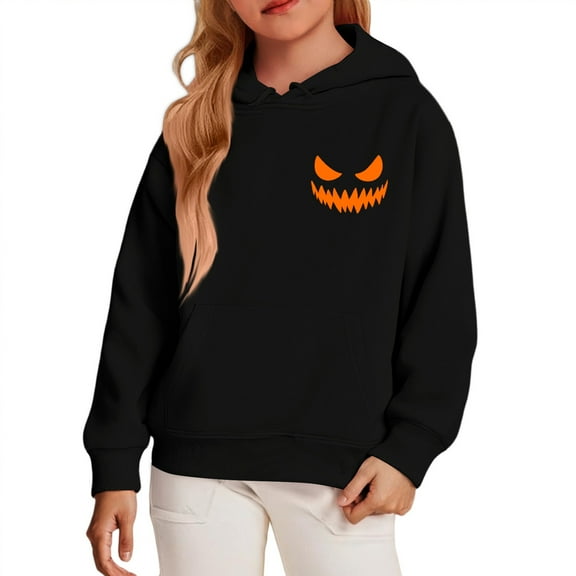 Abcomgle Girls Halloween Hoodie 10-12 Pumpkin Face Graphic Sweatshirts with Hooded Trendy Long Sleeve Girls Pullover Top with Pocket Winter Kids Sweaters Girls,12-13 Years