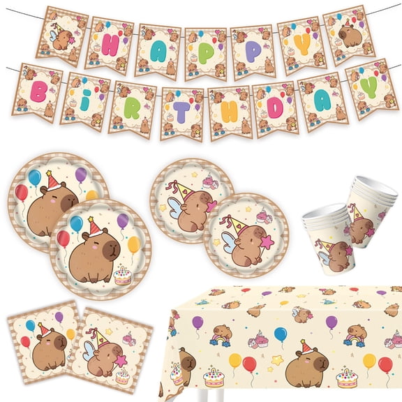 Family Celebration Decoration Set Capybara Paper Cups Flags Plate Table Cloth