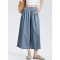 thumbnail image 2 of Womens Cotton Gingham Plaid Culottes Summer Elastic Waist Palazzo Trousers Bottoms with Pockets Navy Blue L, 2 of 6