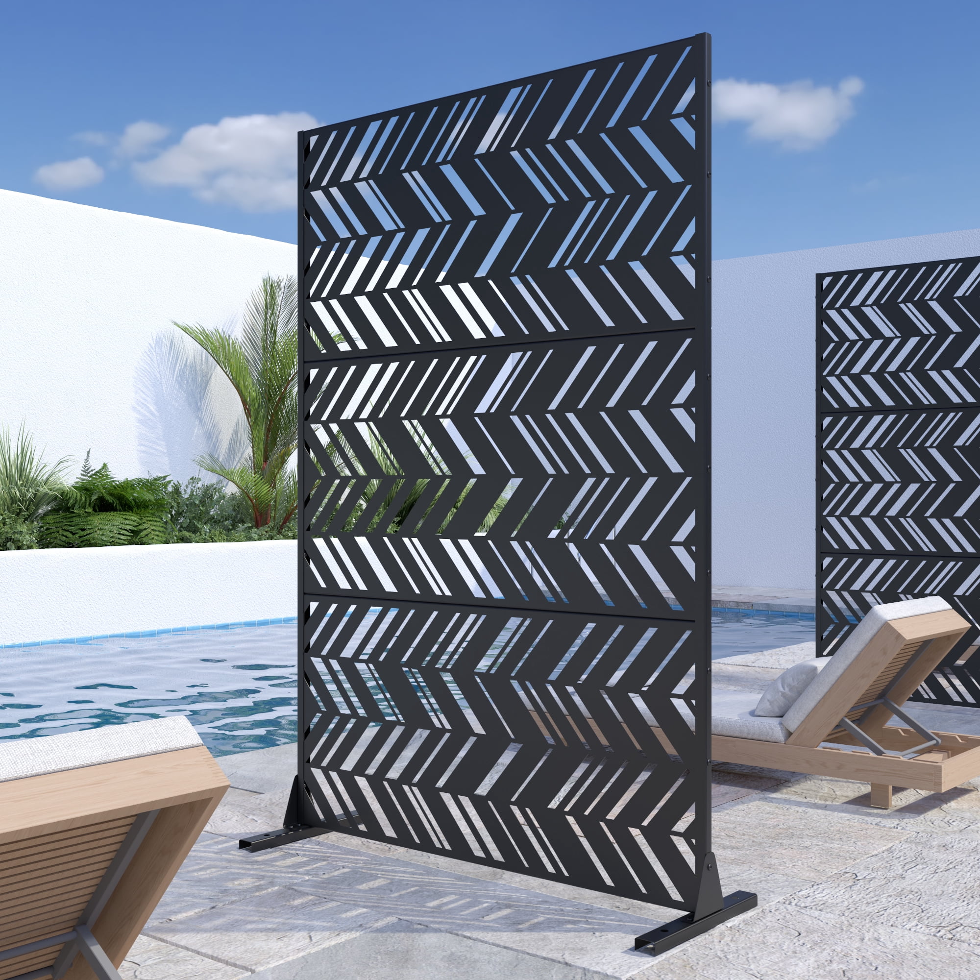 MAYEERTY 72"x47" Outdoor Privacy Screen with Stand Christopher Metal Balcony Decorative Screen,Black