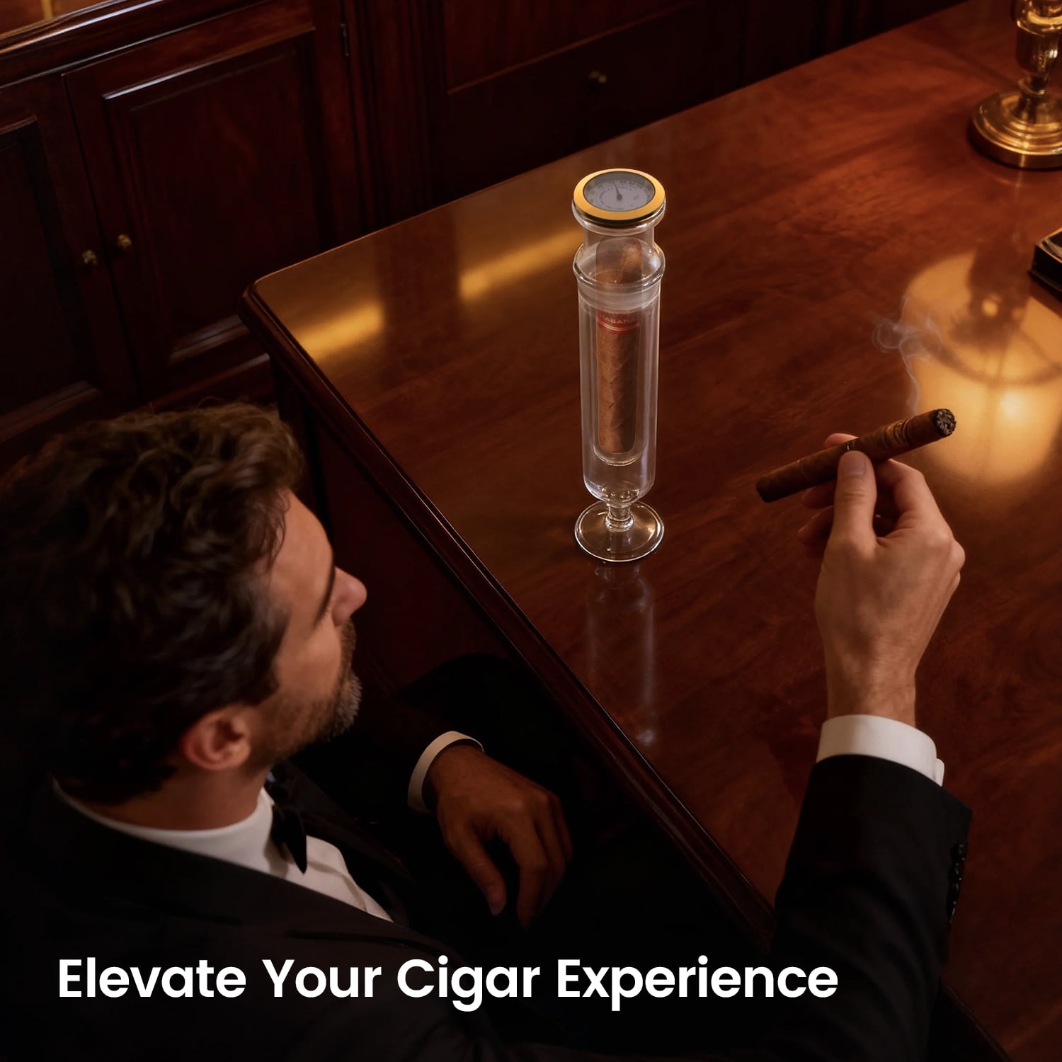Glass Cigar Aromatherapy Humidor Tube Kit with Hygrometer, Borosilicate Glass Construction, Built-in Stand Base, 256x50mm, 8 Air Vents, Dual Chamber Design