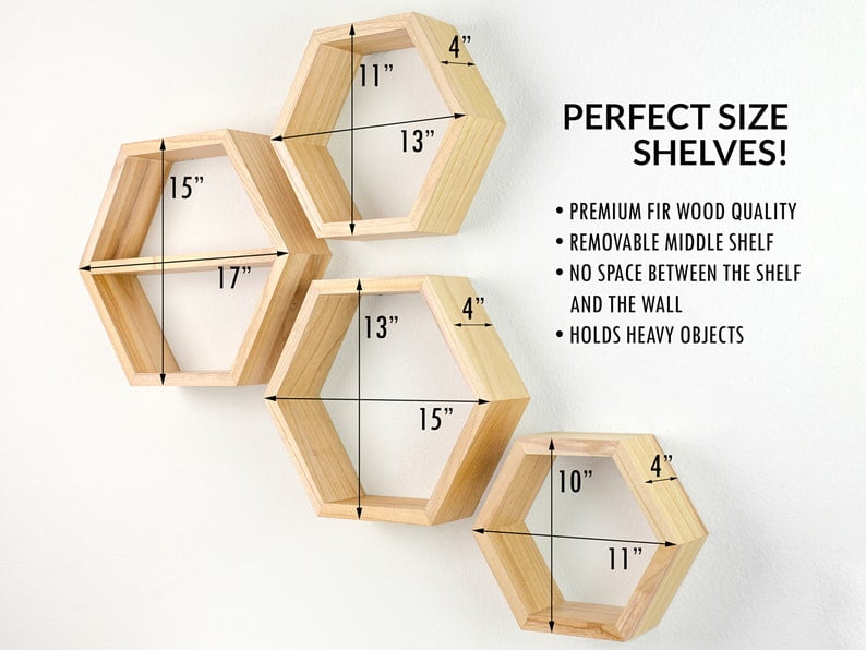 Geometric Hexagon Honeycomb Natural Wood Floating Shelves (4 Count)