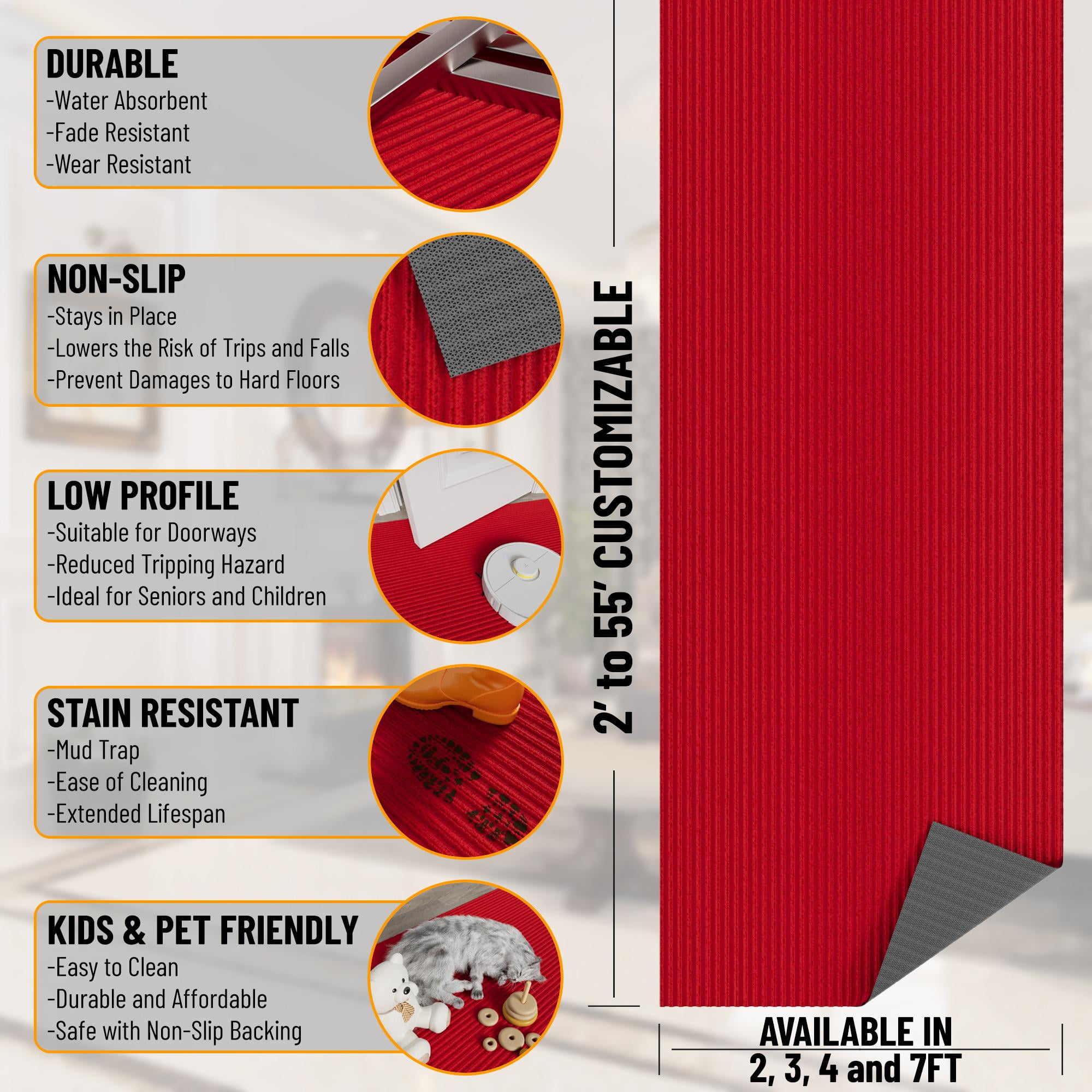 Sweet Home Stores Custom Size Waterproof Non-Slip Rubberback 2x3 Indoor/Outdoor Utility Area Rug, 2' x 3', Red
