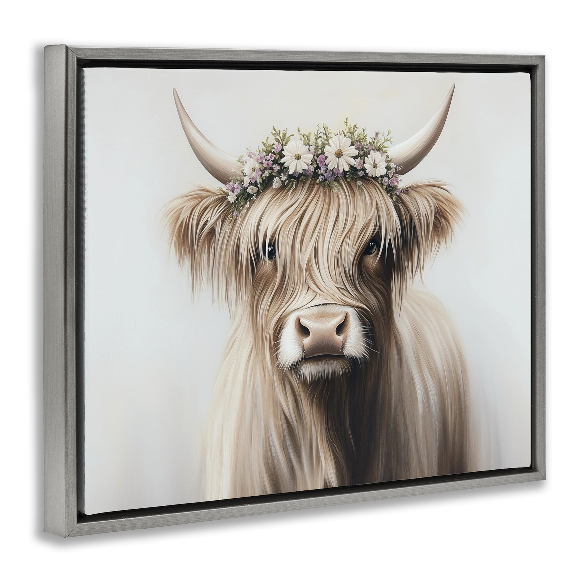 Shaggy Cattle Floral Crown Gray Framed Floater Canvas Wall Art, design by Shawna Stewart